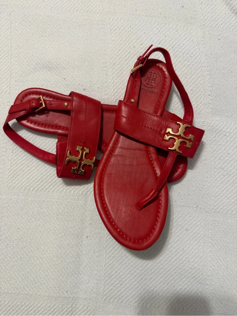Tory Burch Red Leather Logo Slingback Sandals with Gold Hardware